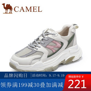 骆驼（CAMEL） 女鞋 透气运动撞色网布鞋面拼接荧光设计厚底老爹鞋 A035256153 米灰/粉/绿 37