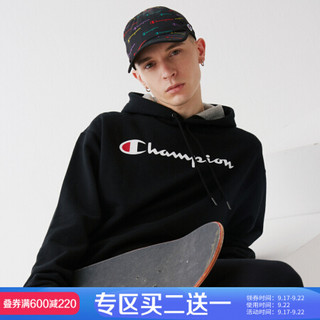 Champion 冠军2020秋冬新款男士草写大LOGO加绒连帽卫衣潮 黑色 L