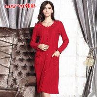 韩彩（HACAI）女士纯棉睡裙秋冬圆领对襟睡裙装 红色 170/95(XL)