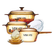 VISIONS 康宁 晶彩透明玻璃锅耐热玻璃餐具家用套装 VS12+VS32+VSP15+24cm蒸格+6头餐具