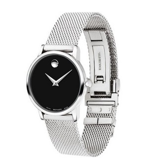 MOVADO 摩凡陀 MODERN CLASSIC 博物馆系列 0607220 女士石英腕表 28mm 黑盘 不锈钢 银色钢带 方形