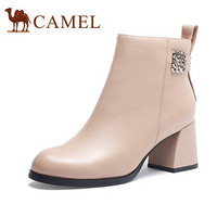 骆驼（CAMEL）女鞋 时尚简约皮带扣侧拉链高跟小皮靴 A040076236 杏色 35
