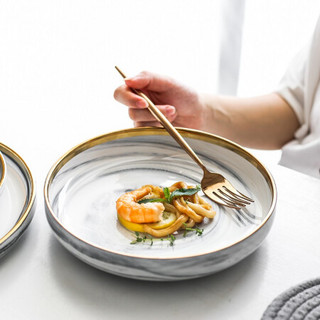 竹木本记 北欧西餐盘大理石纹金边陶瓷餐具套装米饭碗家用菜盘子 7.5英寸深盘