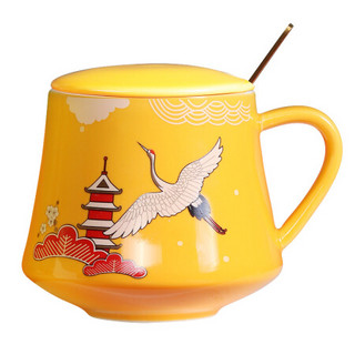 佳佰 情侣水杯居家办公咖啡杯茶杯牛奶杯早餐麦片杯 国潮仙鹤杯黄色
