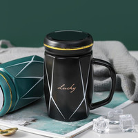 Beisesi 贝瑟斯 陶瓷杯子几何图形马克杯带盖带勺咖啡杯牛奶杯送礼 黑色