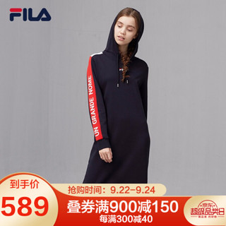 FILA 斐乐官方 女子针织连衣裙秋季新款宽松长袖卫衣裙女裙 传奇蓝A-NV 165/84A/M