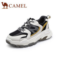 骆驼（CAMEL） 女鞋 透气运动撞色网布鞋面拼接荧光设计厚底老爹鞋 A035256153 黑/黄 39