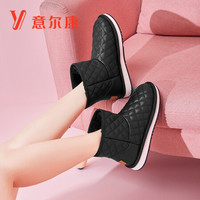 意尔康女鞋一脚蹬雪地靴加绒保暖短筒靴平底舒适面包鞋女 Y763ZM49284W 黑色 40