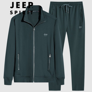吉普JEEP 卫衣卫裤男套装2020秋立领开衫运动中青年男士休闲两件套 CX2018-19TZ 灰绿色 3XL
