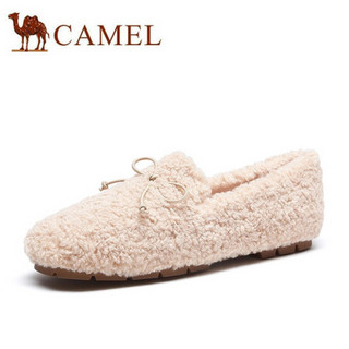 骆驼（CAMEL）女鞋 休闲舒适蝴蝶结羊毛卷保暖浅口平底毛毛鞋 A042266259 米白 35