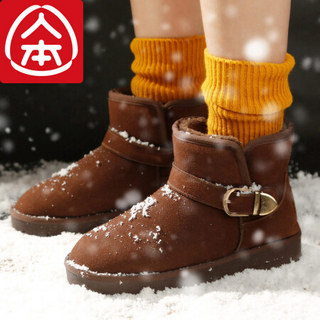 人本雪地靴一脚蹬2020新款时尚短筒靴子女冬季加绒女靴短靴棉靴潮 棕色  38码