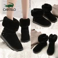 卡帝乐鳄鱼 CARTELO 雪地靴女时尚短靴韩版百搭毛毛鞋加绒保暖短筒靴 KDLQW-9888 黑色 36/230(1.5)