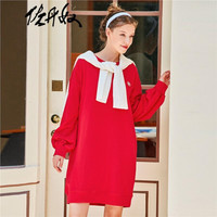 佐丹奴(Giordano) 连衣裙 佐丹奴(Giordano)女装 裙胶章落肩长袖圆领卫衣连衣裙05460891 06荔枝红 大码