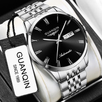 冠琴(GUANQIN)正品瑞士品质全自动机械表手表男士时尚简约日历钟表商务防水精钢带男表 本色黑面钢带