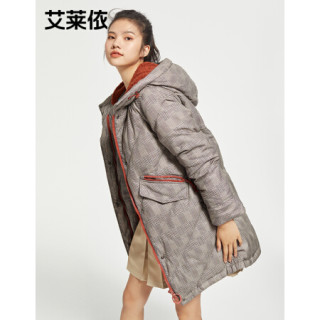eral艾莱依2020冬季新款羽绒服女中长款绣花h型大衣咖底格纹155