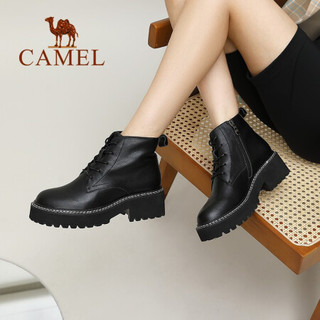骆驼（CAMEL）女鞋 休闲英伦风牛皮双缝线厚底马丁靴 A040076240 黑色 39