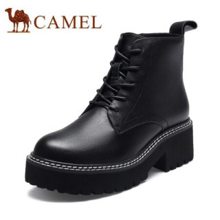 骆驼（CAMEL）女鞋 休闲英伦风牛皮双缝线厚底马丁靴 A040076240 黑色 39