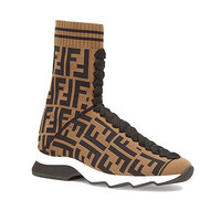 Fendi芬迪女士运动鞋袜子设计橡胶鞋底棕色弹力针织FF提花图案8T6515A2CRF10T8 36