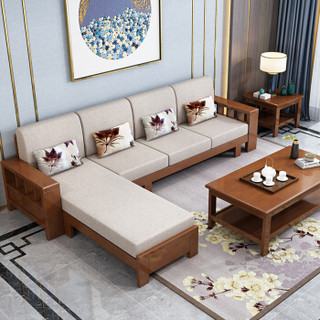 摩高空间新中式沙发实木沙发组合现代简约布艺沙发带中柜冬夏两用沙发四人位+贵妃榻-框架款