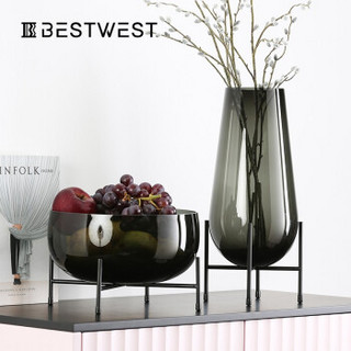 BEST WEST轻奢玻璃花瓶果盘摆件客厅大号透明插花瓶欧式餐桌装饰品创意 亮黑色 - 大花瓶