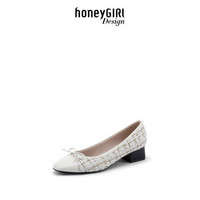 honeyGIRL2020秋季新款小香风编织单鞋百搭粗跟高跟鞋女中跟 白色 36