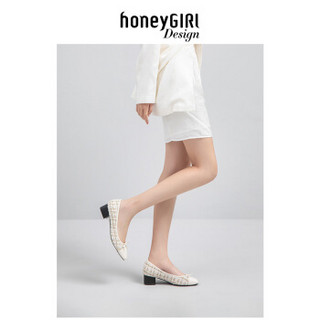 honeyGIRL2020秋季新款小香风编织单鞋百搭粗跟高跟鞋女中跟 白色 36