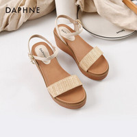 Daphne/达芙妮2020年夏圆头坡跟厚底凉鞋编织鞋面一字扣带女鞋 米黄111 39