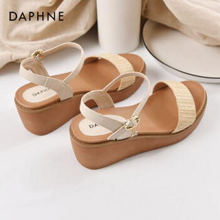 Daphne/达芙妮2020年夏圆头坡跟厚底凉鞋编织鞋面一字扣带女鞋 米黄111 39