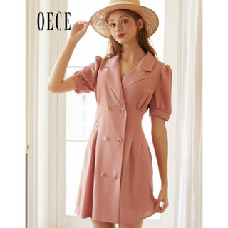 oece2020夏装新款女装蜜桃百利甜复古翻领双排扣西装式短袖连衣裙 浅粉色 XS