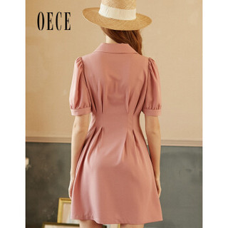oece2020夏装新款女装蜜桃百利甜复古翻领双排扣西装式短袖连衣裙 浅粉色 XS