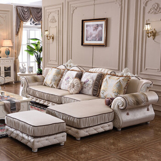 A家 欧式沙发 法式布艺沙发组合可拆洗实木小户型沙发转角客厅家具 A款 三人位+右贵妃位