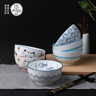 华青格 高温釉下彩日式米饭碗4.5英寸陶瓷汤碗餐具套装