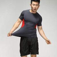 虎迹 2024年新款健身运动服男士速干套装训练服装二件套三件套 麻灰拼红（短袖短裤）（二件套）