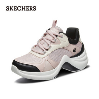 Skechers斯凯奇复古撞色厚底系带老爹鞋 时尚拼接运动休闲鞋女74191 粉红色/黑色/PKBK 36