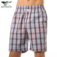 七匹狼阿罗裤男纯棉居家男士平角裤休闲大裤衩睡裤格子短裤 内裤男 灰蓝 XXXL-185