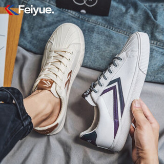 feiyue/飞跃男鞋贝壳头皮面小白鞋男2020春季潮鞋韩版百搭休闲鞋情侣鞋子板鞋女 白深灰（女款偏大一码，男款正常码） 34