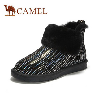 骆驼（CAMEL）女鞋 时尚百搭闪耀亮片线条装饰羊毛套筒平底雪地靴 A04275688 黑色 35