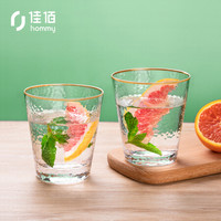 佳佰 玻璃杯套装 家用水杯 水晶耐热玻璃水杯果汁杯茶杯非保温杯 锤纹金边360ml 两支装