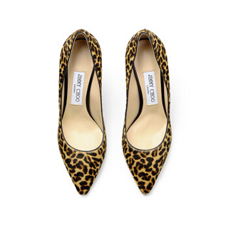 JIMMY CHOO 周仰杰 ROMY 85系列 女士皮革浅口套脚尖头高跟鞋高跟鞋ROMY 85 LOP NATURAL MIX 豹纹色 38