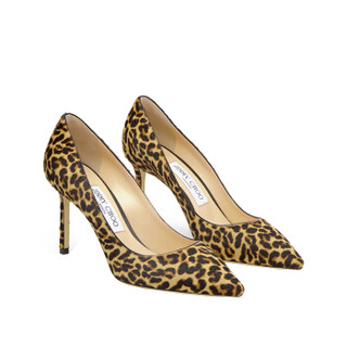 JIMMY CHOO 周仰杰 ROMY 85系列 女士皮革浅口套脚尖头高跟鞋高跟鞋ROMY 85 LOP NATURAL MIX 豹纹色 38