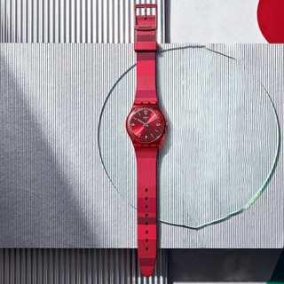 SWATCH 斯沃琪 原创系列 GR406 中性石英手表 34mm 红盘 红色硅胶表带 圆形