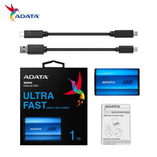 威刚(ADATA) 1TB 移动固态硬盘 Type-c USB3.2 SE800 IP68级防水防尘 读写达1000MB/s 仅40g 活力蓝