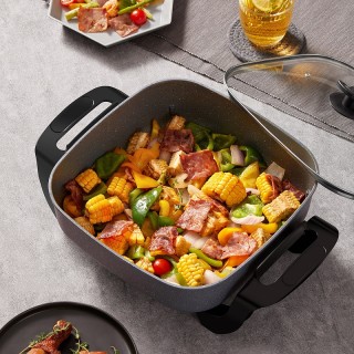 韩国现代家用电热火锅电煮锅麦石饭电炒菜锅多功能不沾炒菜一体锅