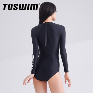 拓胜（TOSWIM）新款泳衣女士长袖防嗮运动时尚修身显瘦保守遮肚游泳衣 海边度假游泳装 性感黑 L