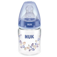 NUK宽口径PA塑料婴儿奶瓶150ml配硅胶防胀气自然实感硅胶奶嘴0-6个月中圆孔初生型防摔耐磨 蓝色 初生型