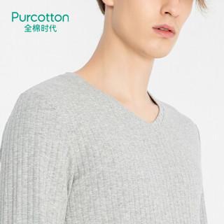 Purcotton/全棉时代男士V领提花长袖套装中厚弹力打底保暖内衣 浅花灰 S