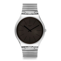 SWATCH 斯沃琪 SKINI RONY超薄金属系列 SS07S109GG 中性石英手表 42mm 黑盘 银色不锈钢带 圆形