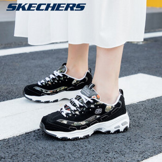 Skechers斯凯奇女鞋秋季新品D'lites轻质厚底复古熊猫鞋绣花网布拼接运动休闲鞋老爹鞋 黑色/白色/BKW 37