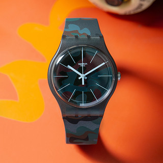 SWATCH 斯沃琪 NEW GENT系列 SUOB175 中性石英手表 41mm 迷彩蓝盘 迷彩蓝硅胶表带 圆形