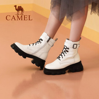 骆驼（CAMEL）女鞋 酷感帅气一字踝扣牛皮圆头厚底马丁靴 A040076270 黑色 39